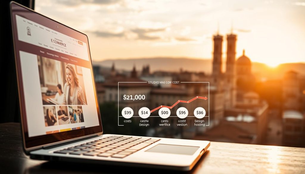 A detailed, high-quality image of the cost of creating a website in Bologna, Italy. In the foreground, a sleek laptop displaying an e-commerce website, illuminated by warm, natural lighting. In the middle ground, a stylized chart or infographic showcasing the average costs for website development, design, and hosting, presented in a clean, modern style. In the background, the iconic Bologna skyline, with the Two Towers and Basilica of San Petronio visible, set against a golden, sunset-tinged sky. The image should convey a sense of professionalism, expertise, and the high-quality services offered by Studio Masi, a reputable web design agency in Bologna.