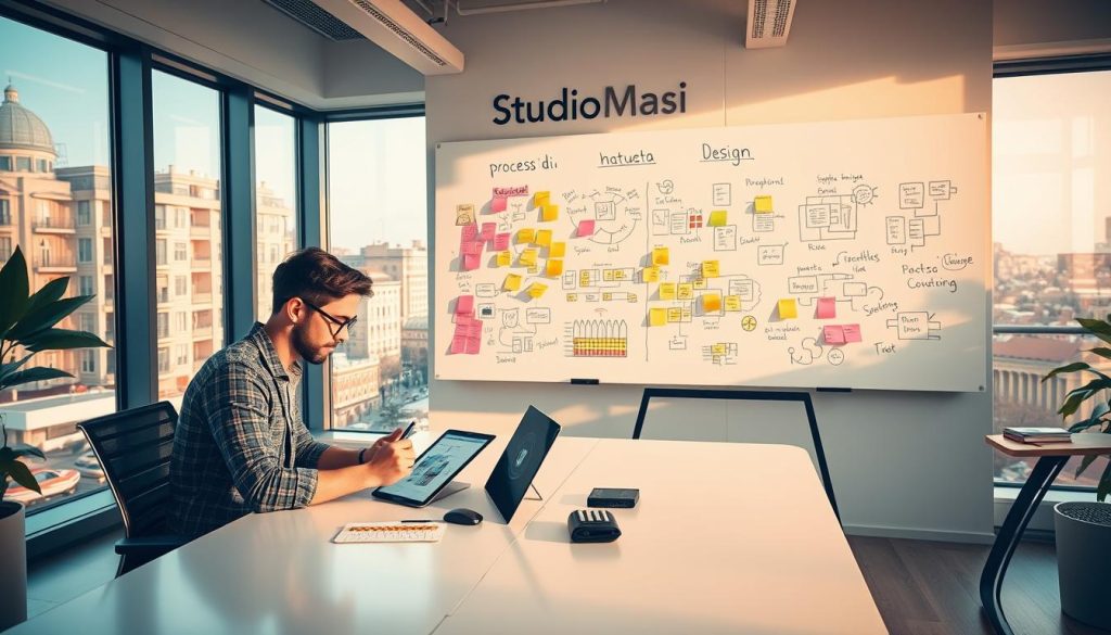 A modern, bright, and stylish design studio with the name "Studio Masi" prominently displayed. In the foreground, a designer sits at a sleek desk, intently sketching ideas on a digital tablet. The middle ground features a large whiteboard covered in colorful Post-it notes, diagrams, and brainstorming scribbles, conveying the collaborative, iterative nature of the "processo di design" (design process). In the background, large windows overlook a bustling cityscape of Bologna, reflecting the dynamic urban setting. The scene is bathed in warm, natural lighting, creating a productive and inspiring atmosphere. The overall image captures the creative, professional, and technology-driven essence of the design process for a modern web design agency. Prompt