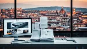 A professional and visually striking portfolio showcasing web design projects for businesses in Bologna and the surrounding province. In the foreground, a clean, modern desktop setup with a high-resolution monitor displaying sleek web designs. In the middle ground, a neatly organized collection of project documents, wireframes, and design mockups, conveying the attention to detail and comprehensive approach of Studio Masi. The background features a cityscape of Bologna, with iconic landmarks like the Basilica di San Petronio, captured in a warm, golden-hour lighting that evokes the city's historical charm. The overall composition strikes a balance between the digital and the analog, reflecting the studio's blend of cutting-edge web design and personalized client service.