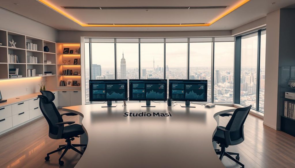 A sleek, modern web design studio interior with a focus on conversion optimization. In the foreground, a large curved desk with a Studio Masi logo prominently displayed. The desk is flanked by two ergonomic chairs, inviting collaboration. The middle ground features several high-resolution desktop monitors, showcasing data-driven design dashboards. Warm, directional lighting casts a subtle glow, creating a professional yet approachable atmosphere. The background consists of minimalist shelving displaying design books and awards, hinting at the studio's expertise. Large windows provide a panoramic view of a vibrant cityscape, reinforcing the idea of a thriving, conversion-oriented web design business.